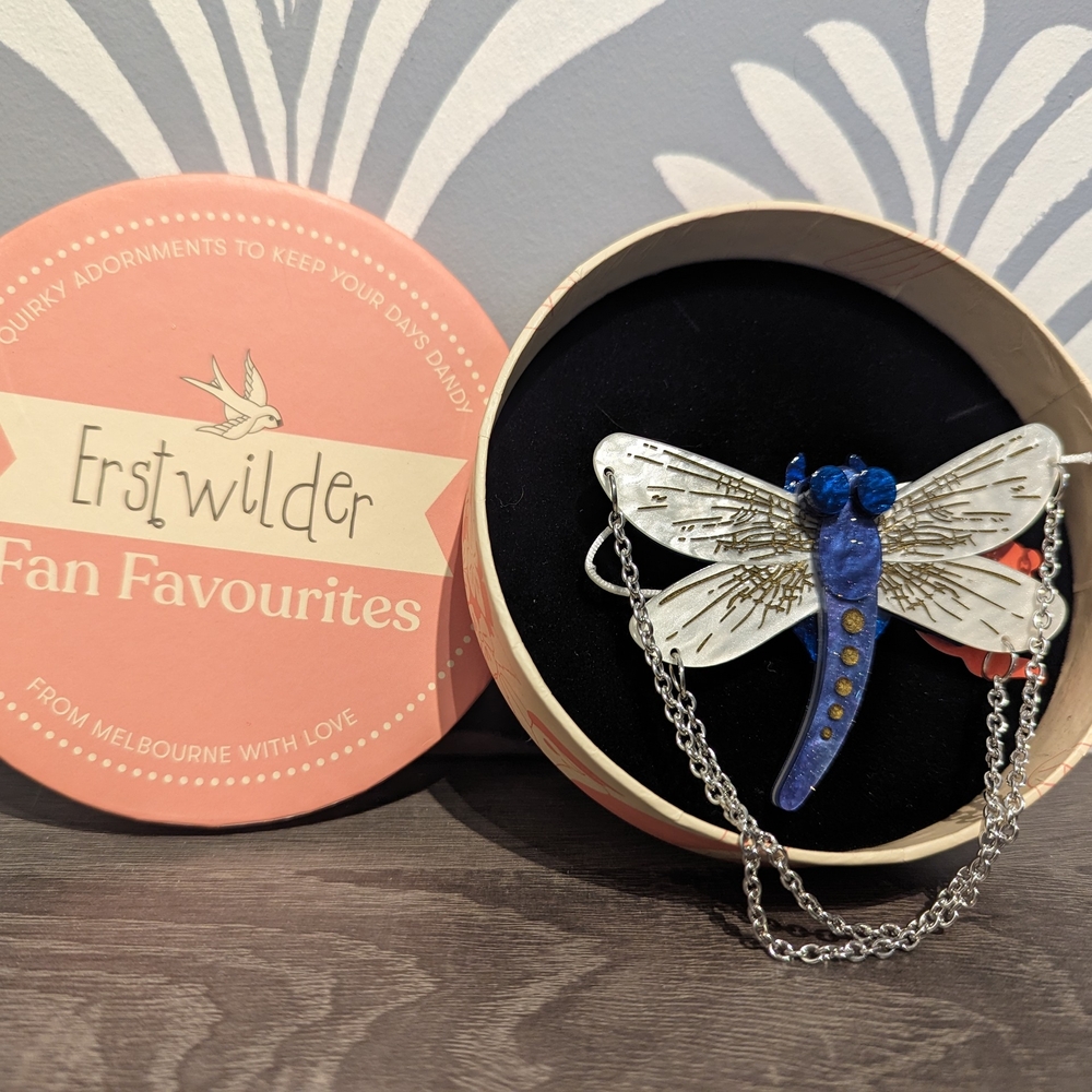 Erstwilder Blue and Gold Dragonfly Brooch